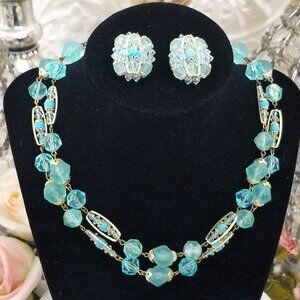 Vintage West Germany Aqua Blue Gold Double Strand Beaded Necklace & Earrings